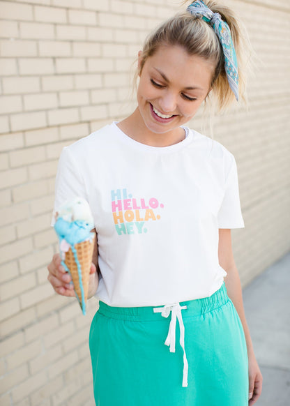 hi hello hola hey cotton graphic tee