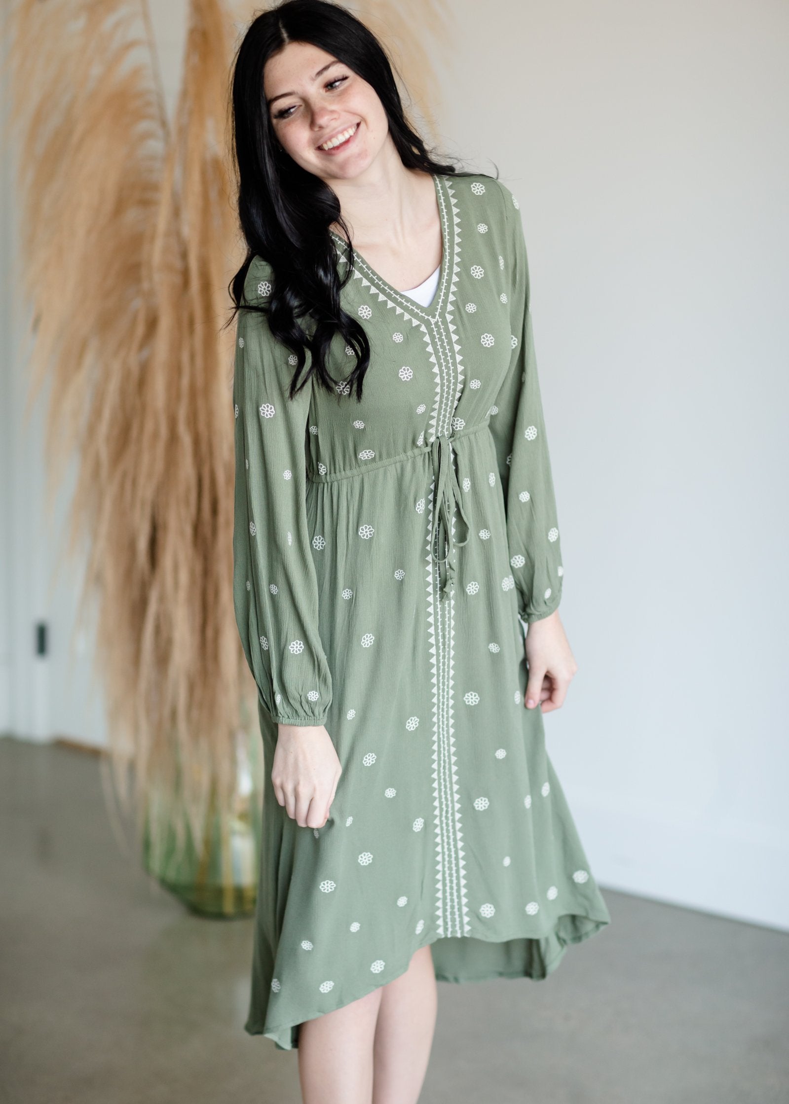 High Low Flare Embroidered Long Sleeve Midi Dress Dresses Tea N Rose