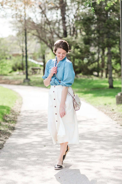 Highwaist white button front a line modest midi skirt