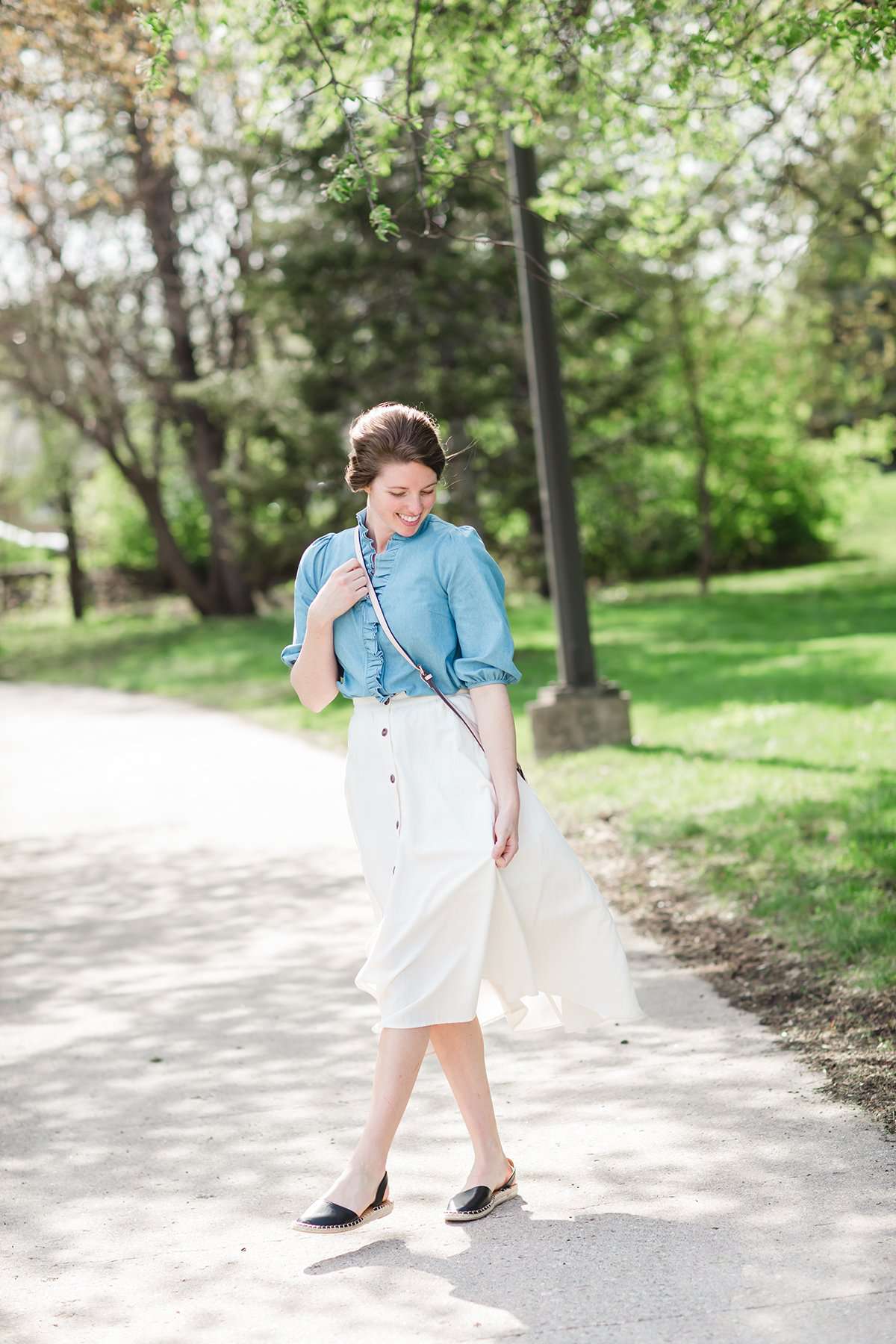 Highwaist white button front a line modest midi skirt