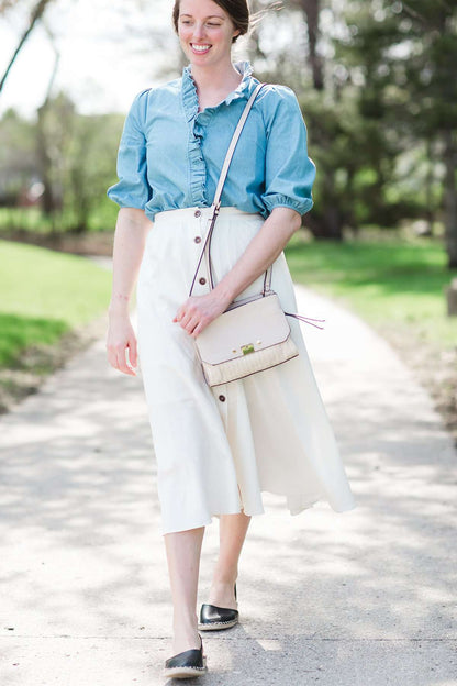 Highwaist white button front a line modest midi skirt