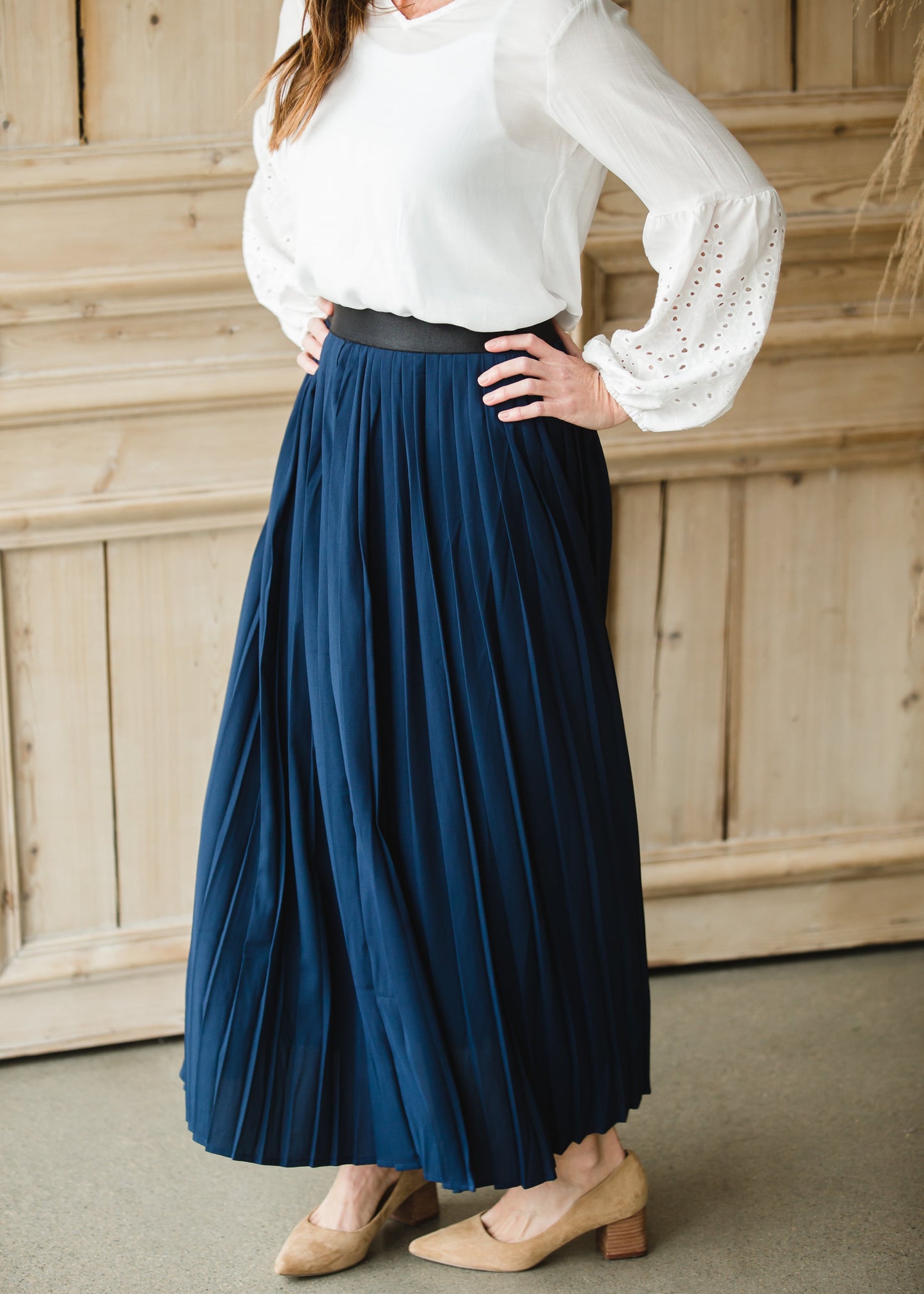 High Waisted Pleated Navy Maxi Skirt - FINAL SALE Skirts