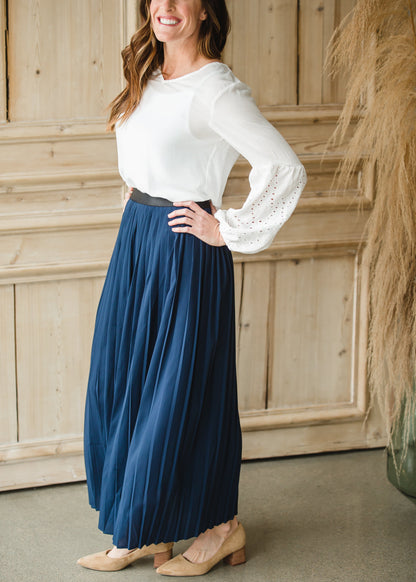 High Waisted Pleated Navy Maxi Skirt - FINAL SALE Skirts