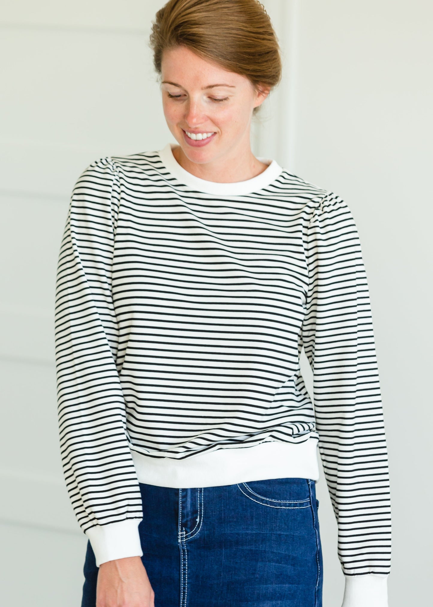 Ivory and Black Puff Sleeve Striped Sweatshirt - FINAL SALE Tops