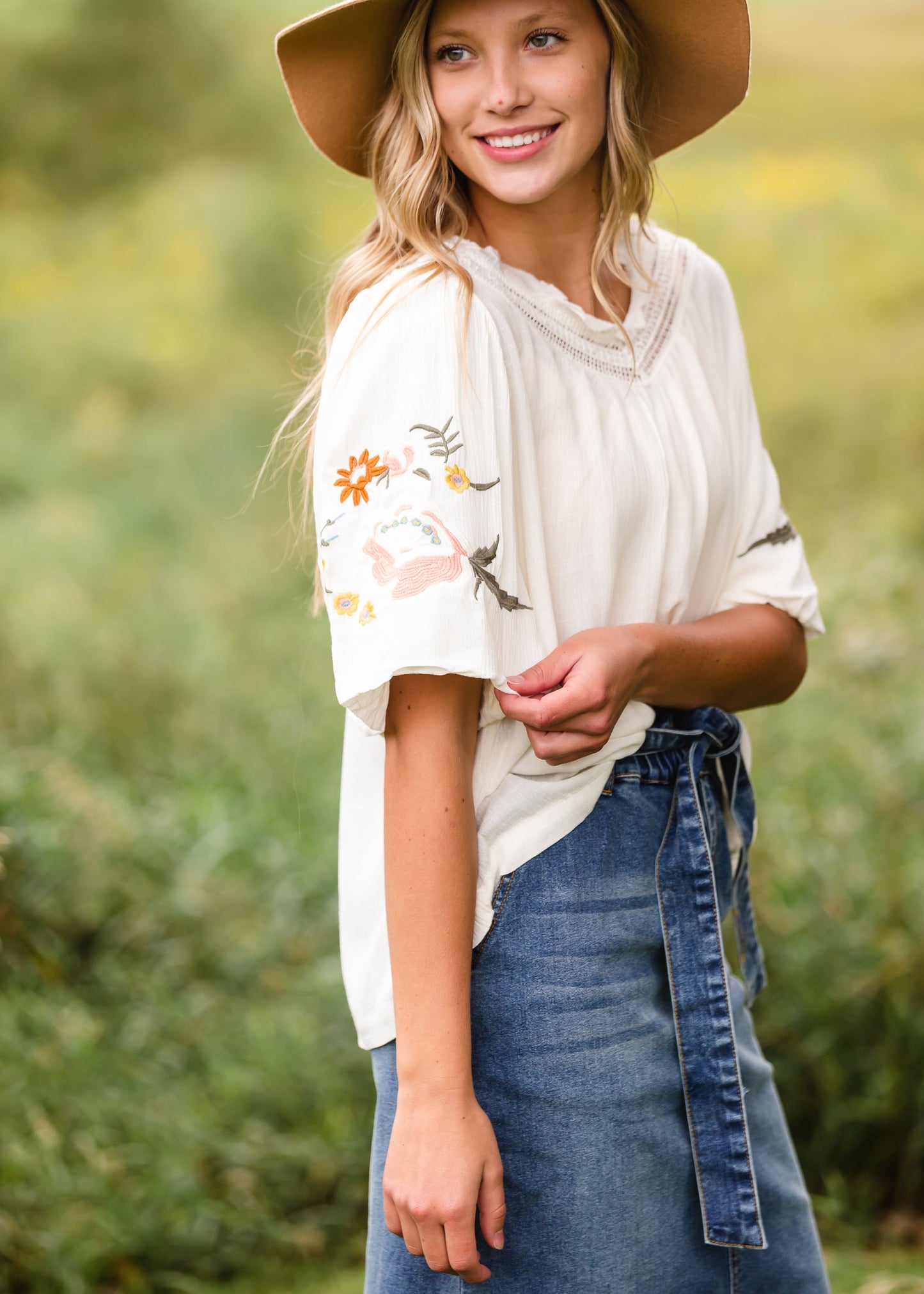 Ivory Embroidered Flounce Sleeve Top - FINAL SALE Tops