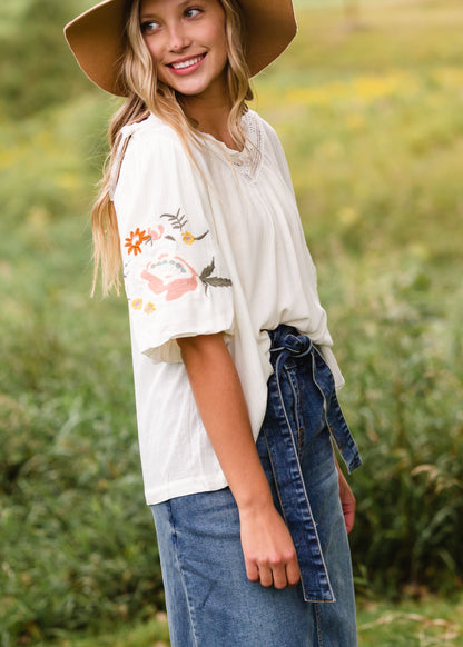 Ivory Embroidered Flounce Sleeve Top - FINAL SALE Tops