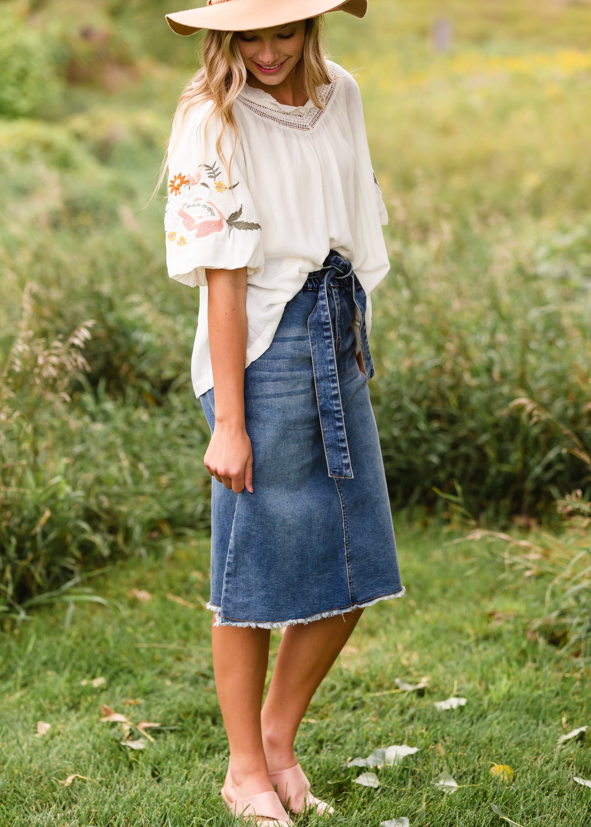 Ivory Embroidered Flounce Sleeve Top - FINAL SALE Tops