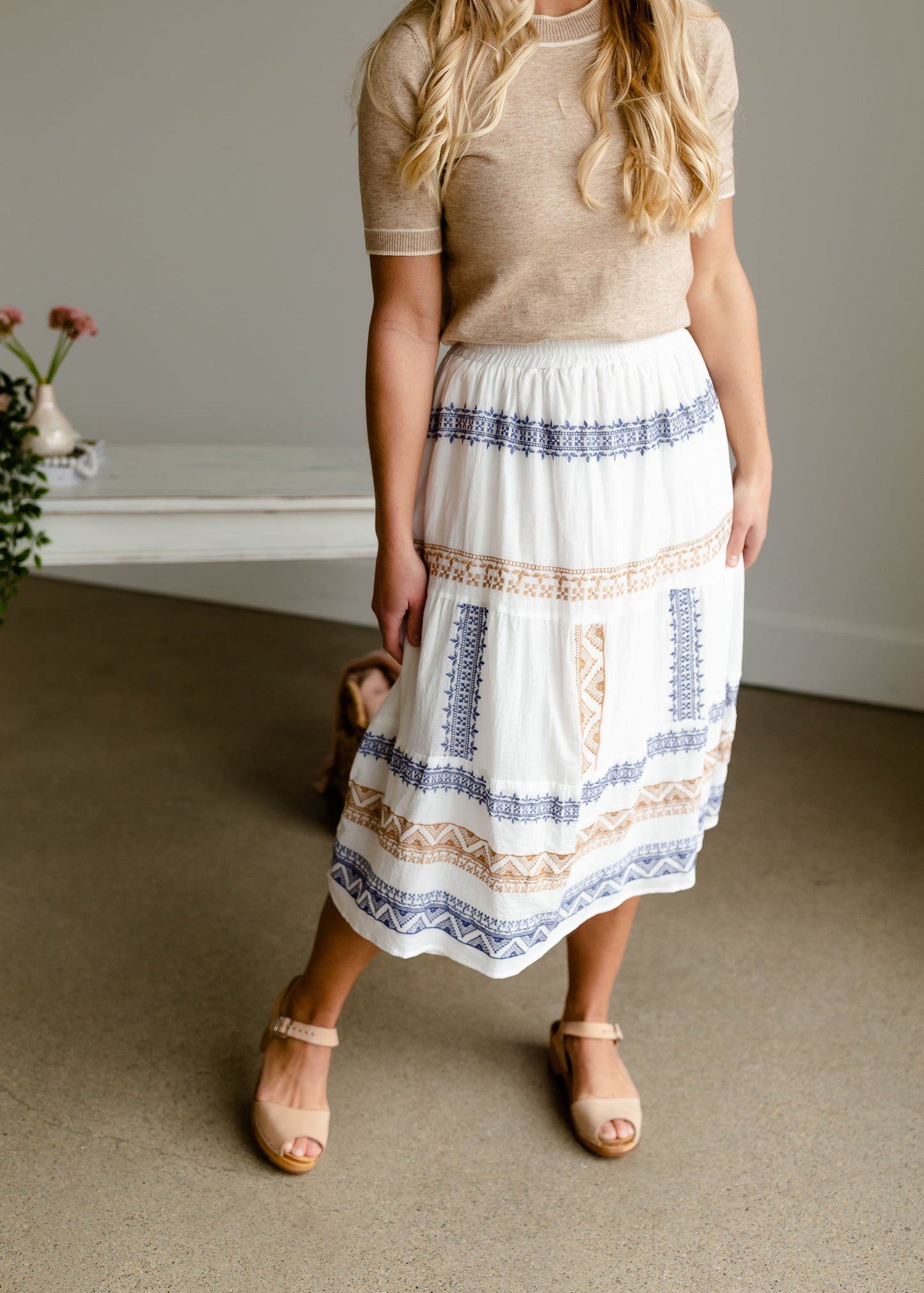 Ivory Embroidered Midi Skirt Skirts