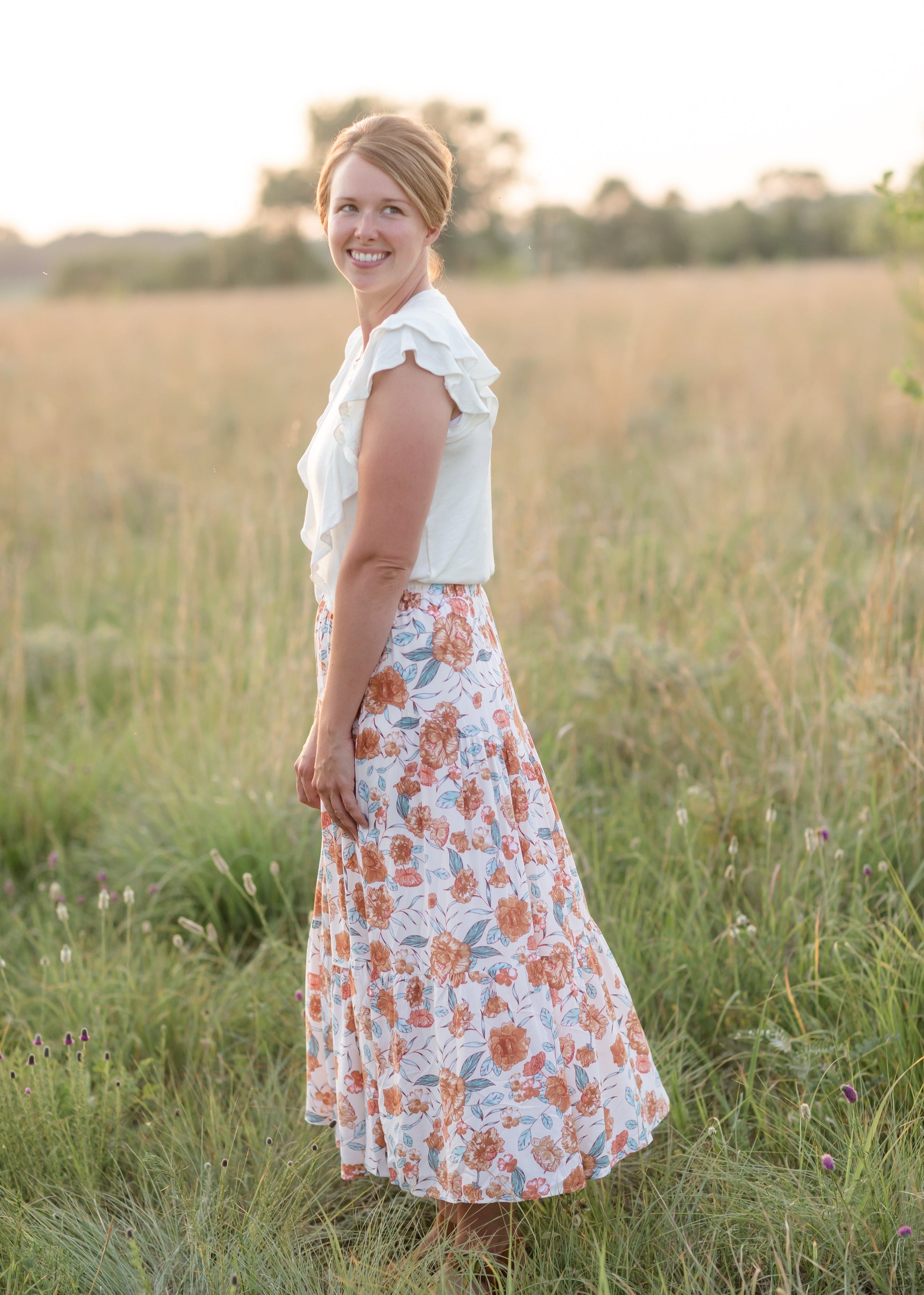 Ivory Floral Elastic Waist Midi Skirt - FINAL SALE Skirts