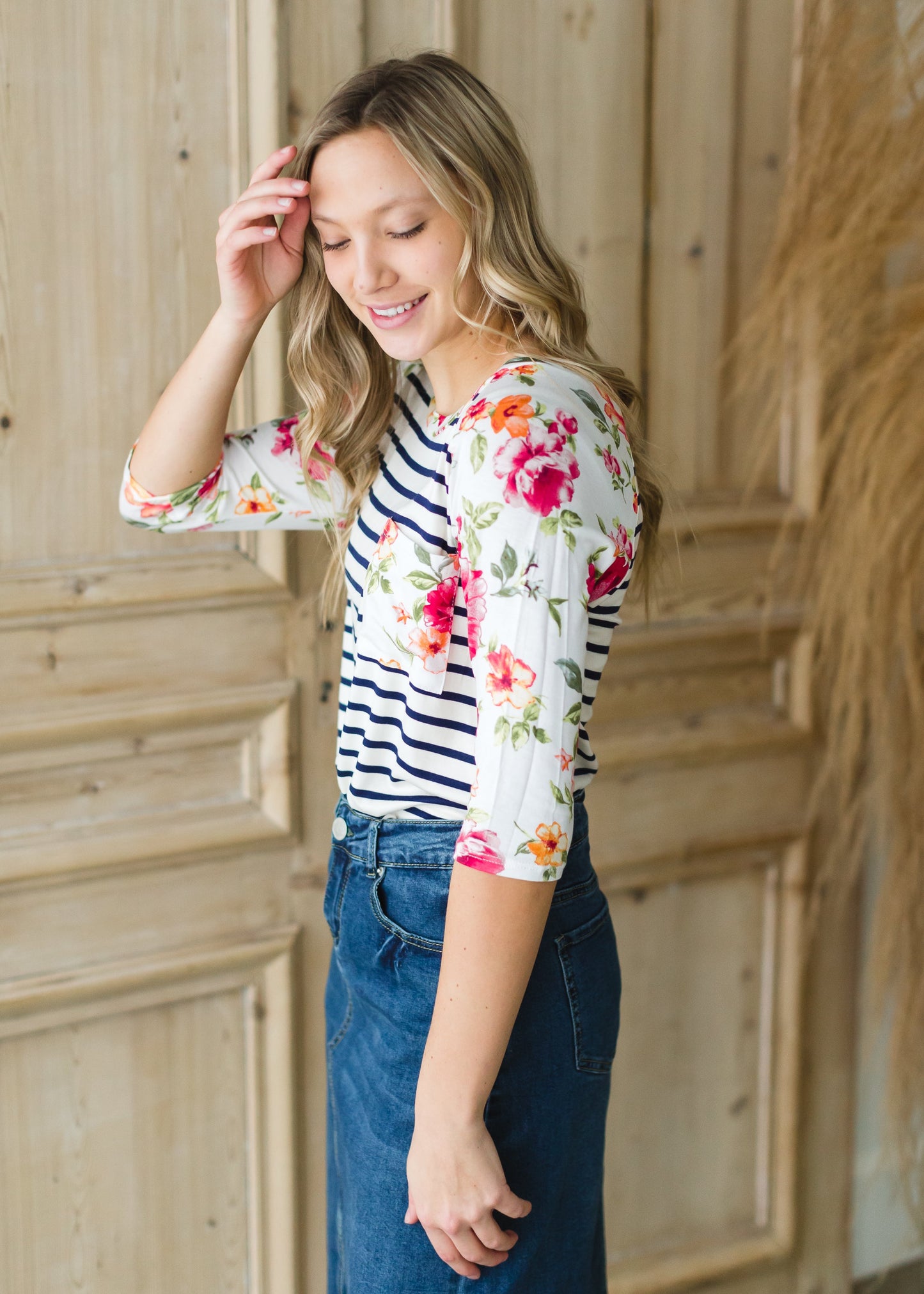 Ivory Floral + Striped Raglan Top - FINAL SALE Tops