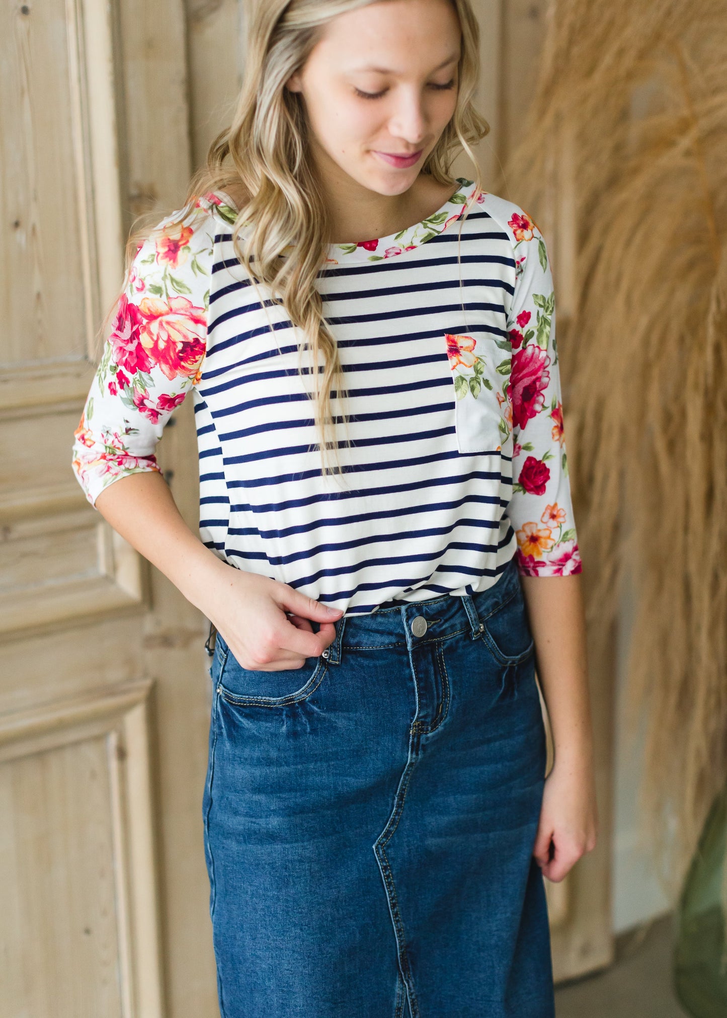 Ivory Floral + Striped Raglan Top - FINAL SALE Tops