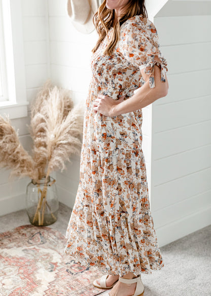 Ivory Floral Tie Sleeve Maxi Dress Dresses