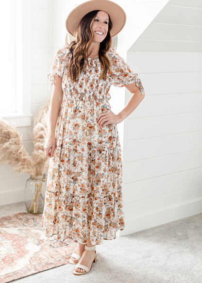 Ivory Floral Tie Sleeve Maxi Dress Dresses