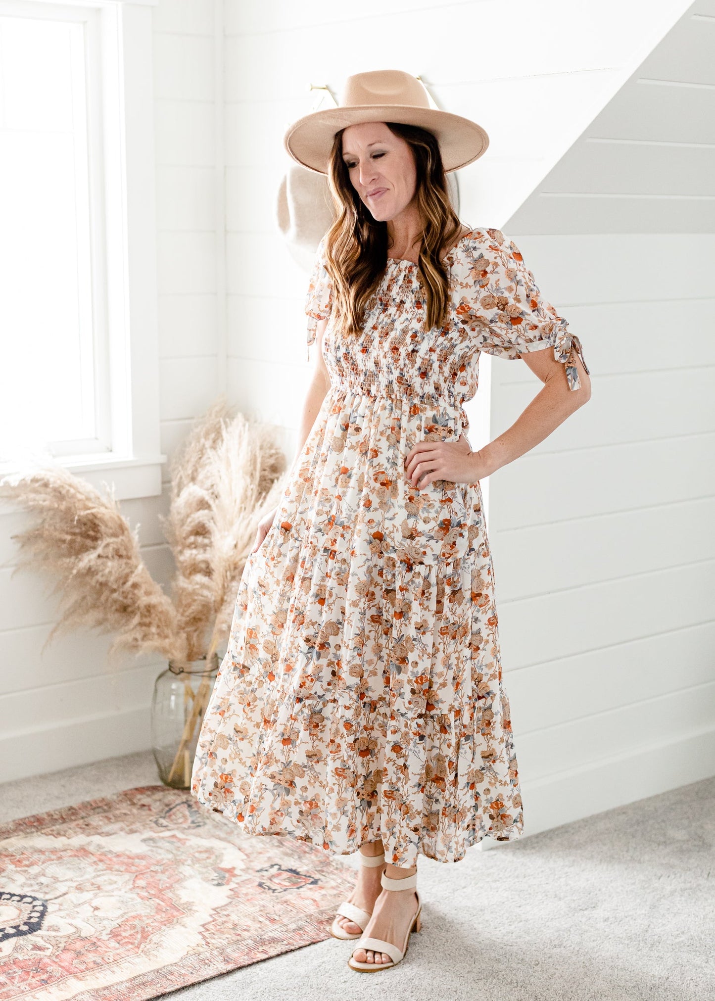 Ivory Floral Tie Sleeve Maxi Dress Dresses