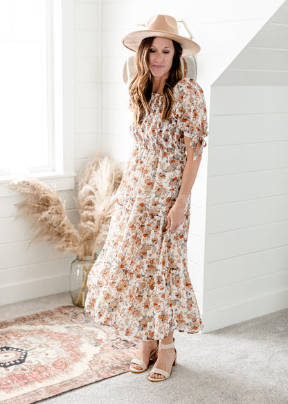 Ivory Floral Tie Sleeve Maxi Dress Dresses