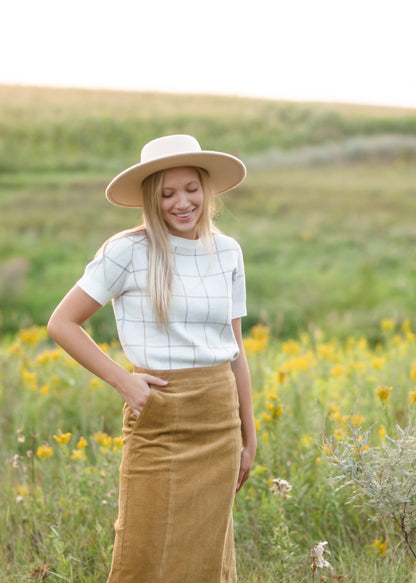 Ivory Plaid Short Sleeve Sweater Tops Polygram