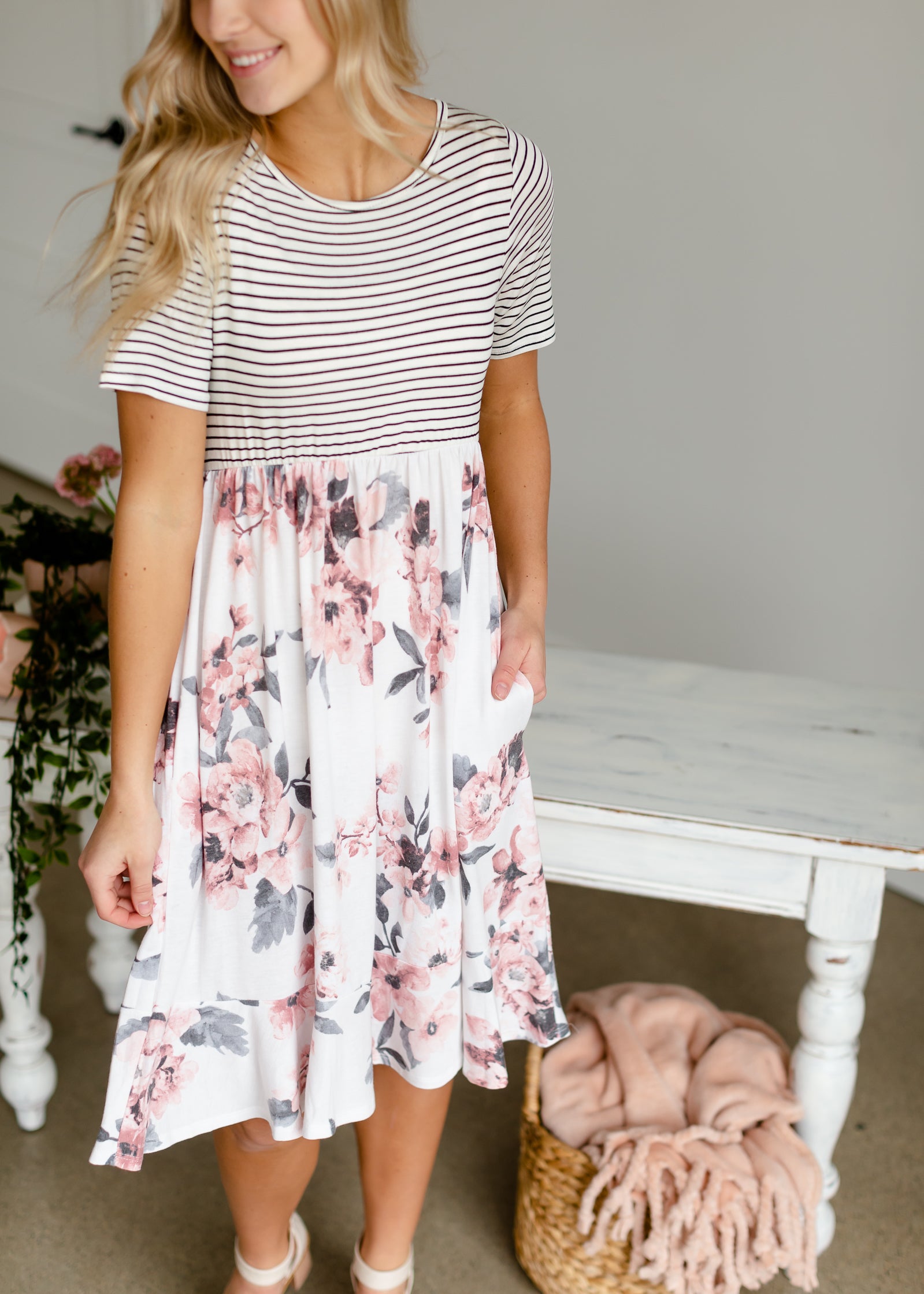 Ivory Striped + Floral Midi Dress Dresses