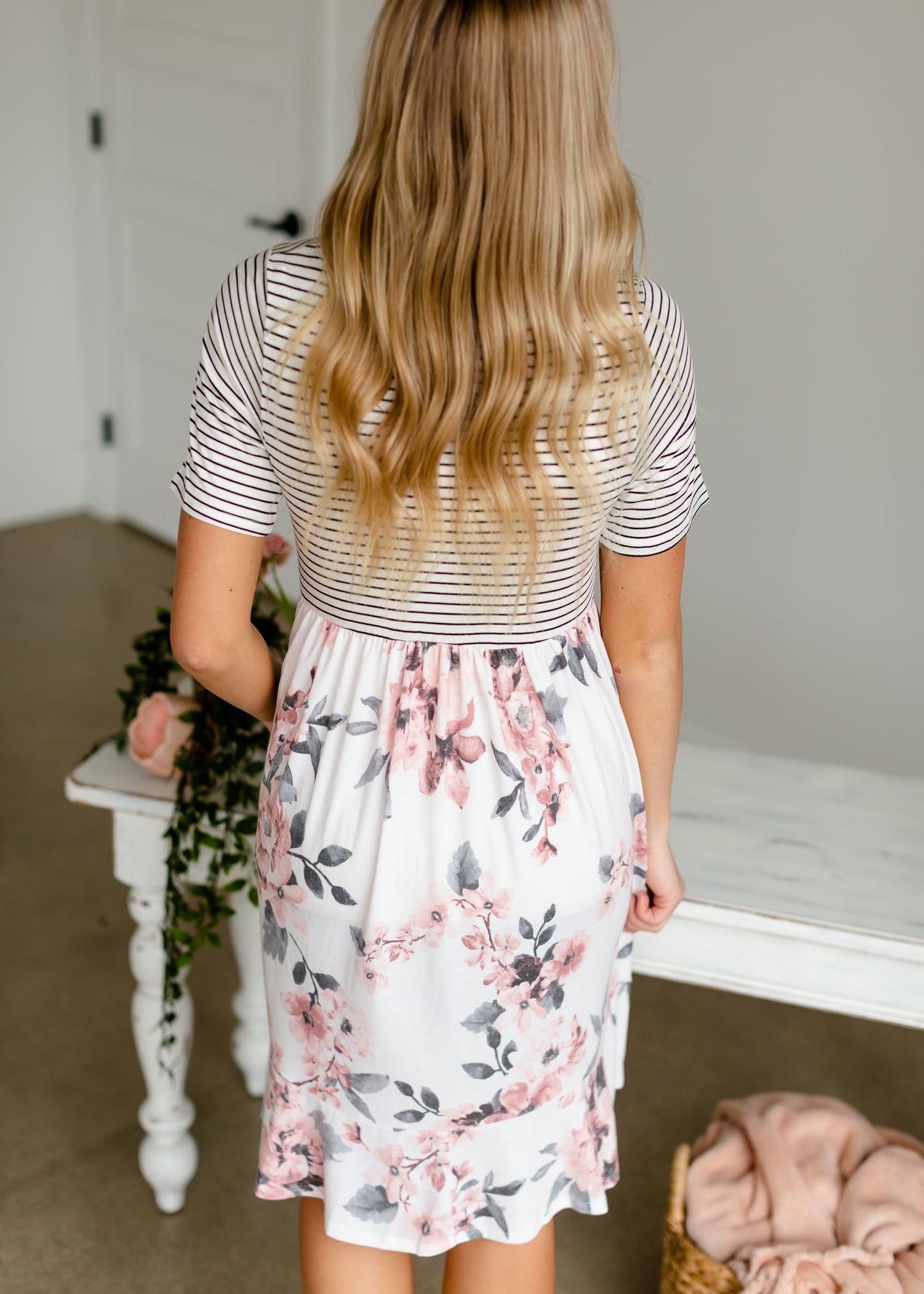 Ivory Striped + Floral Midi Dress Dresses