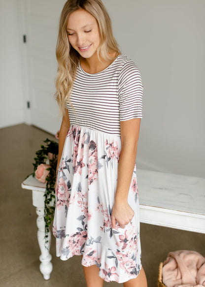 Ivory Striped + Floral Midi Dress Dresses