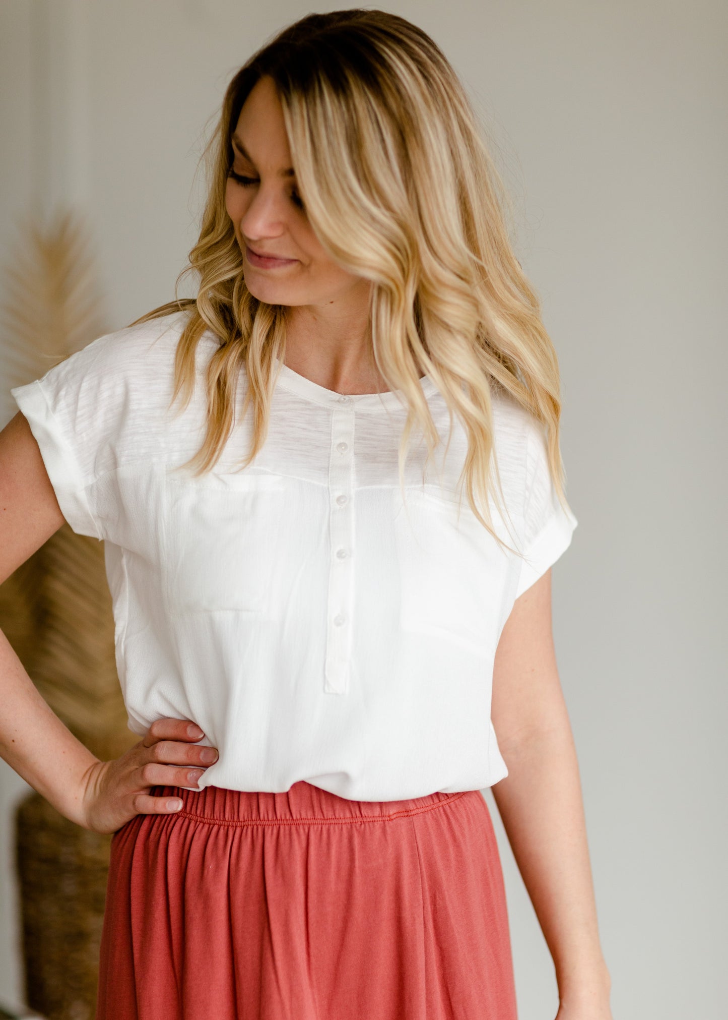 Ivory Woven Short Sleeve Top Tops