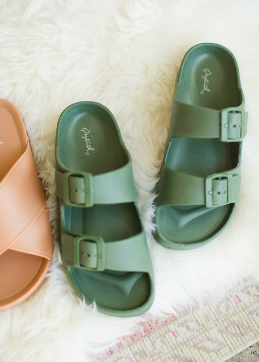 Khaki Green Top Buckle Slide Sandal Shoes