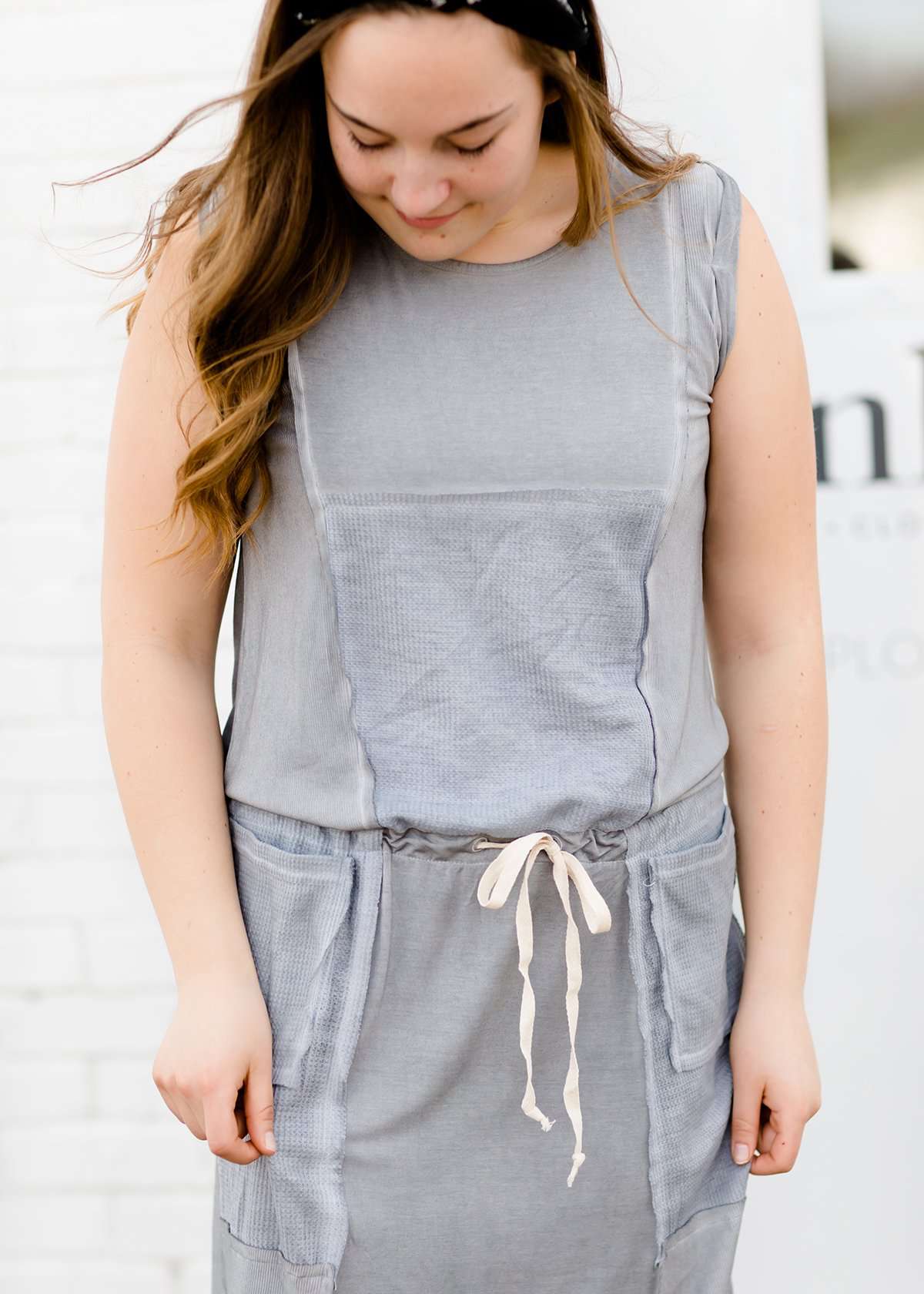 gray thermal knit contrast sleeveless dress