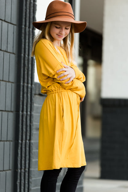 Knit Drawstring Mustard Midi Dress - FINAL SALE Dresses