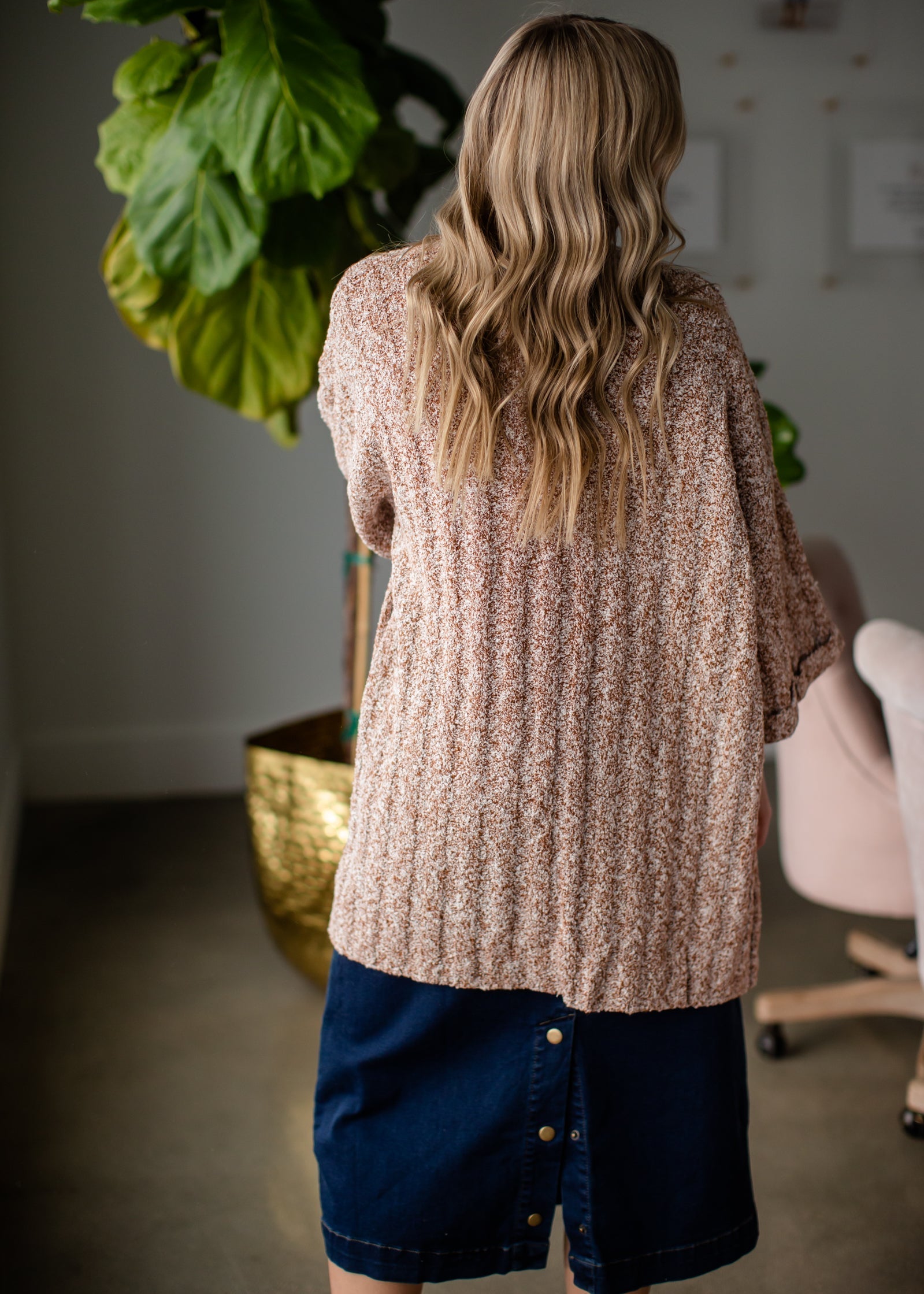 Knit Sweater 3/4 Sleeve Mixed Yarn Cardigan - FINAL SALE Tops By Together