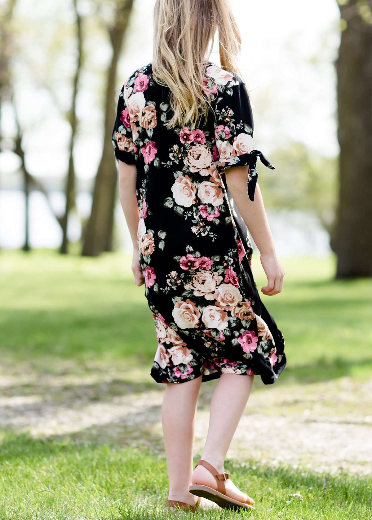 girls black and floral modest midi dress