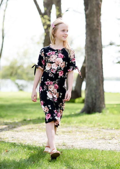 girls black and floral modest midi dress