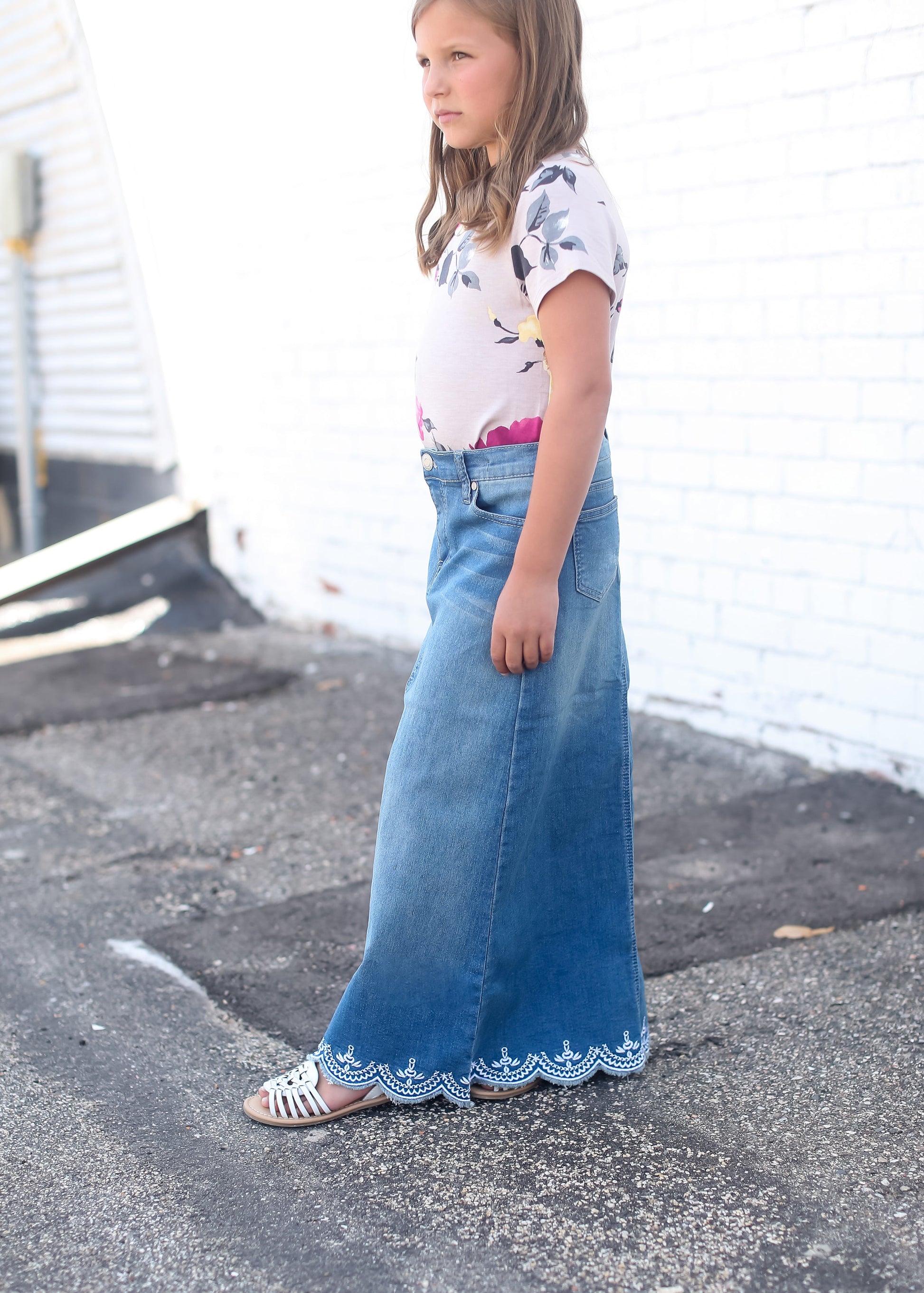 Girls long denim skirt with lace detail and no slit