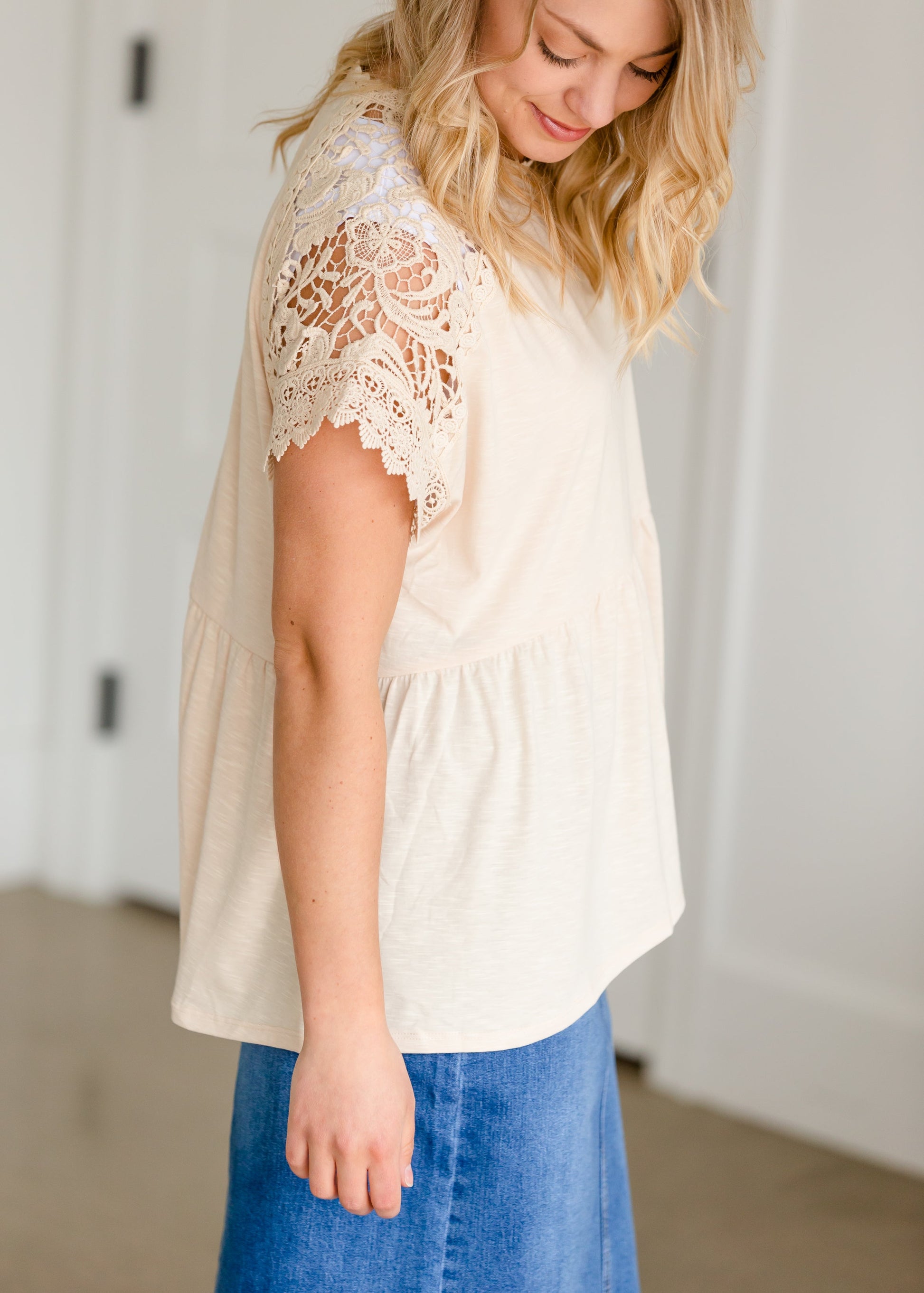 Lace Sleeve Detail Peplum Blouse - FINAL SALE Tops