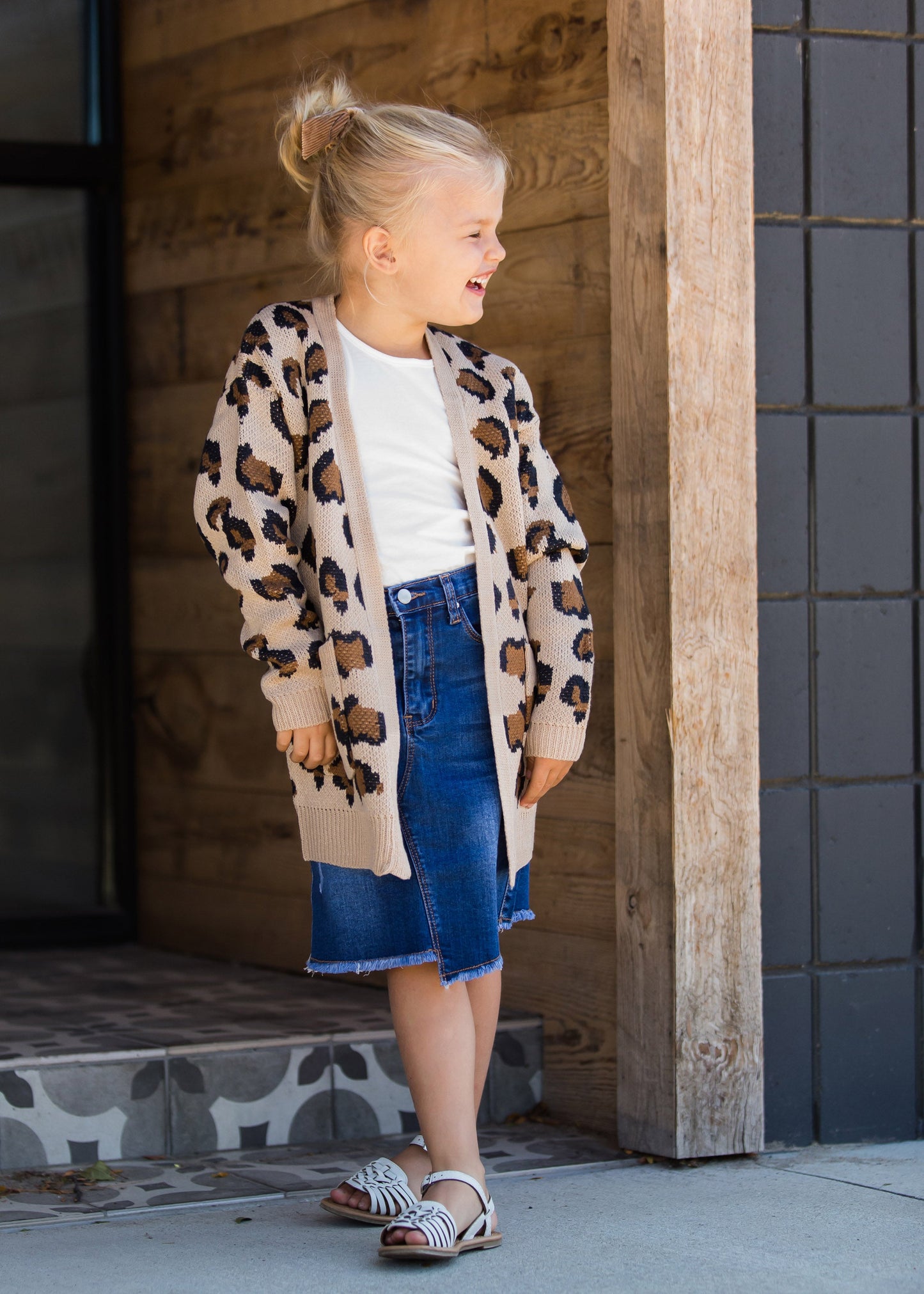 Girls tan and black leopard print open front cardigan