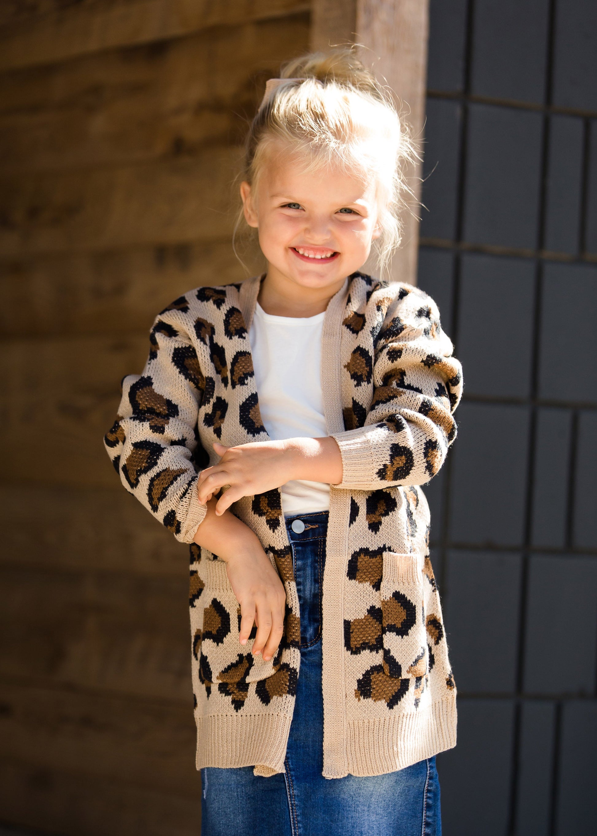 Girls tan and black leopard print open front cardigan