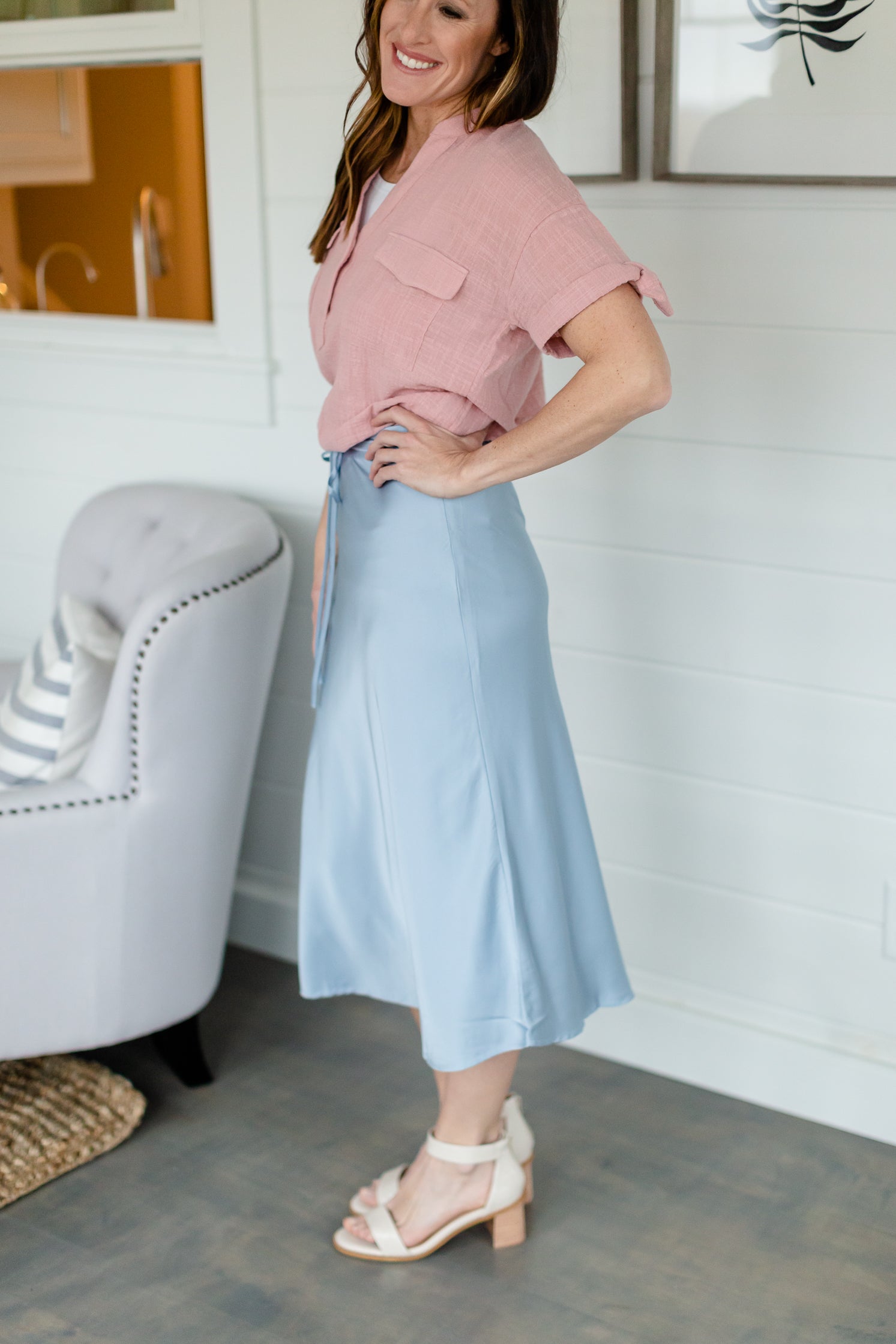 Light Blue Belted Satin Midi Skirt - FINAL SALE Skirts