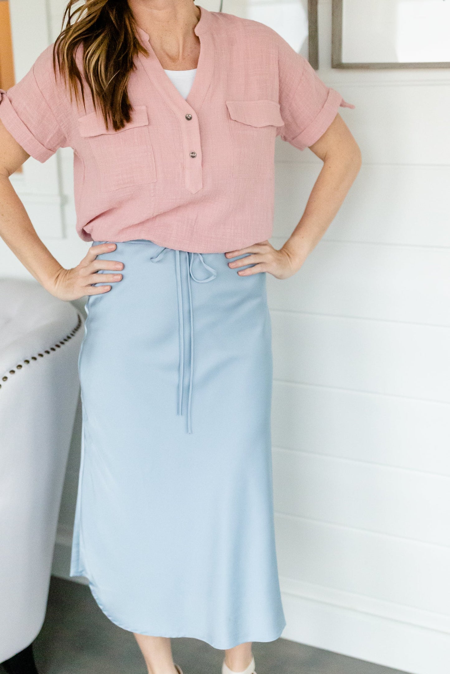 Light Blue Belted Satin Midi Skirt - FINAL SALE Skirts