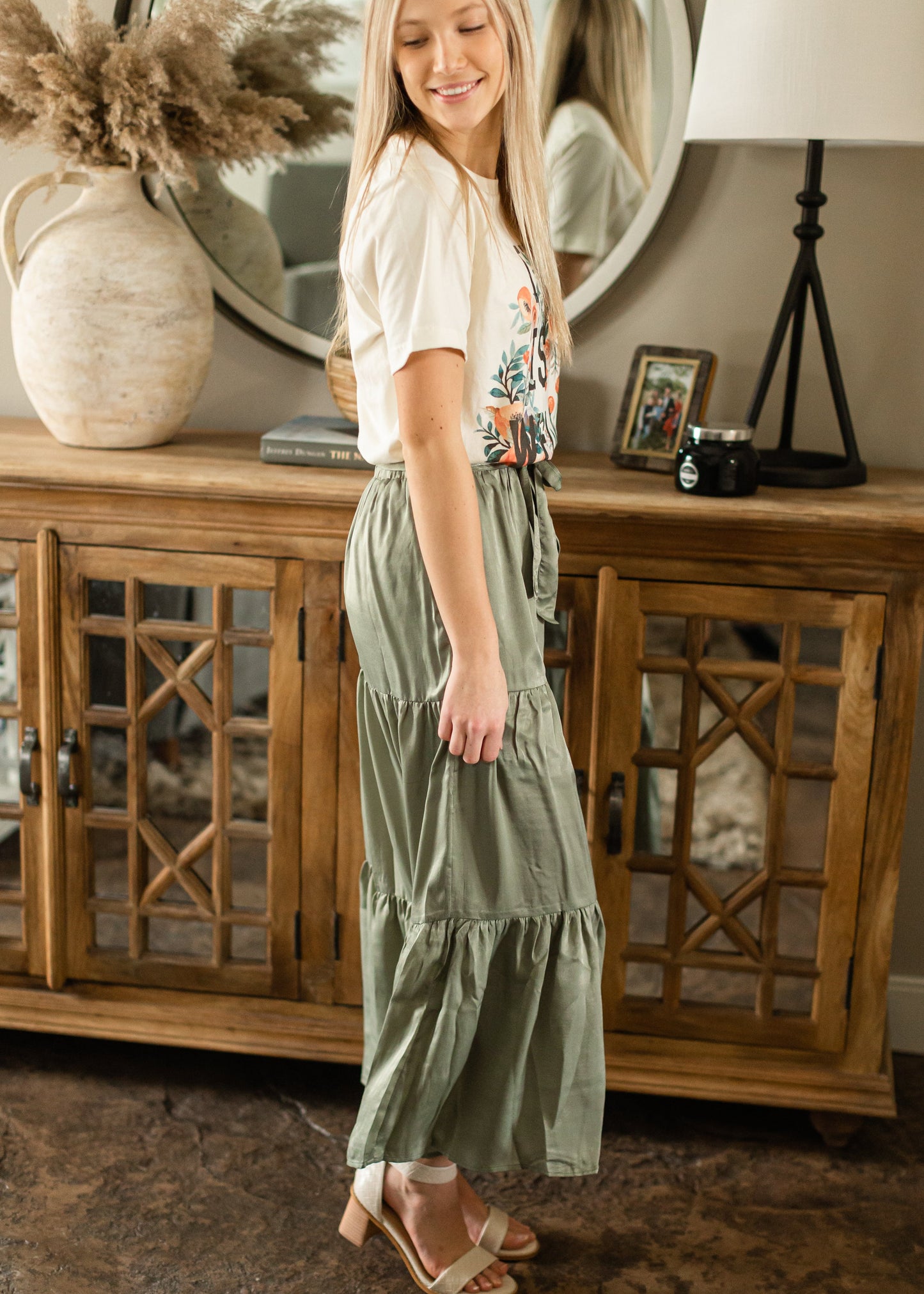 Light Olive Tie Waist Midi Skirt - FINAL SALE Skirts