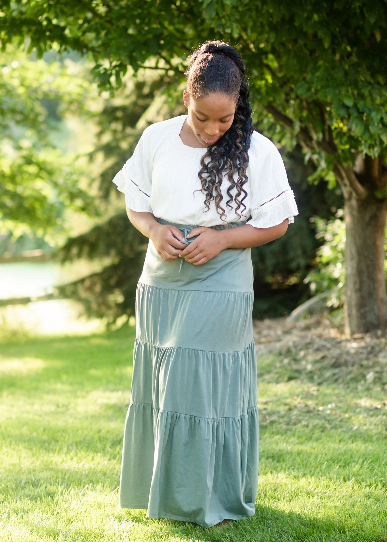 Light Olive Tiered Drawstring Skirt Skirts Tres Bien