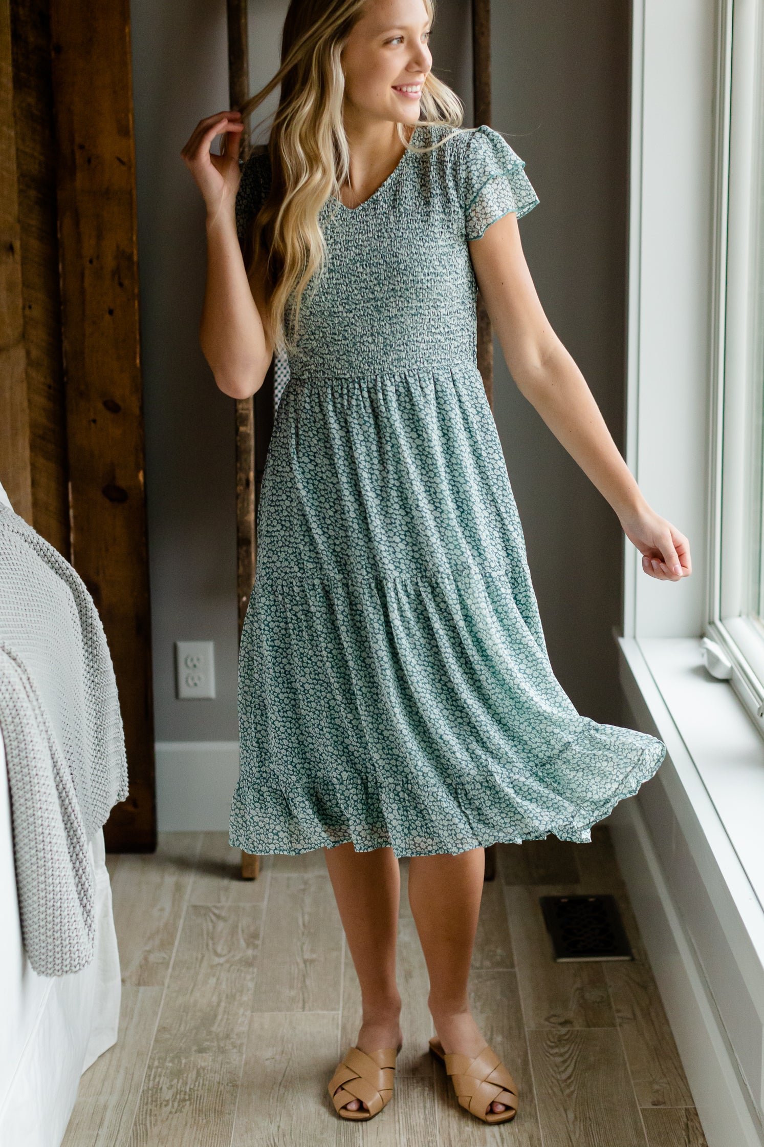 Light Teal Smocked Tiered Midi Dress Dresses