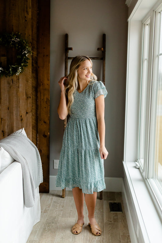 Light Teal Smocked Tiered Midi Dress Dresses