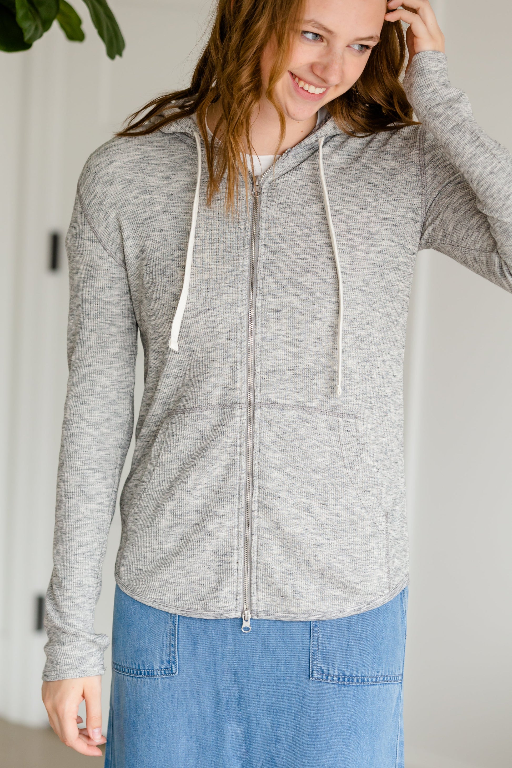 Light Waffle Knit Gray Hooded Zip Up Layering Essentials