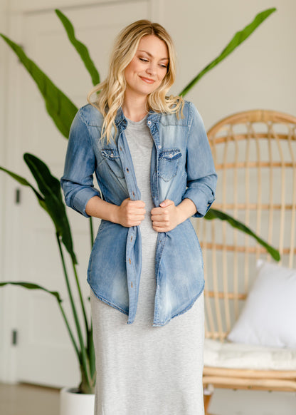 Light Wash Long Sleeve Denim Top Tops