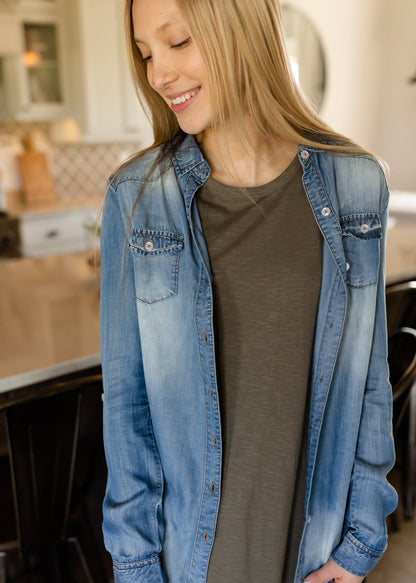 Light Wash Long Sleeve Denim Top Tops