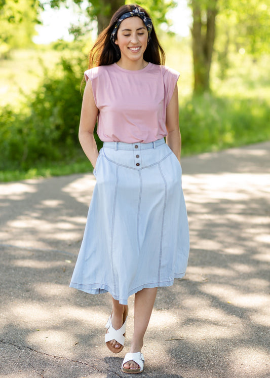 Light Wash Stretch Chambray Midi Skirt - FINAL SALE Skirts