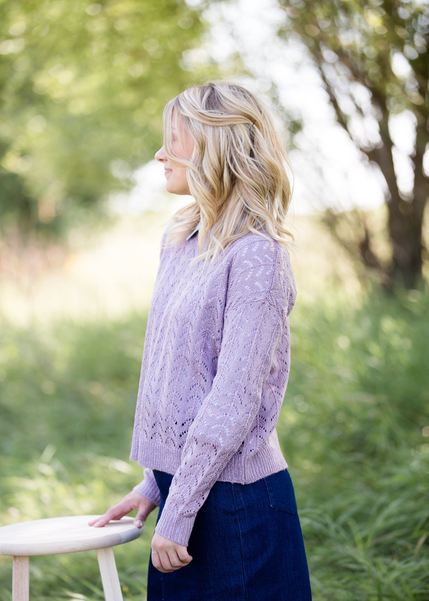 lavender crochet knit long sleeve sweater