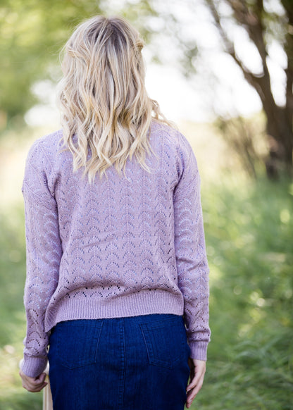 lavender crochet knit long sleeve sweater