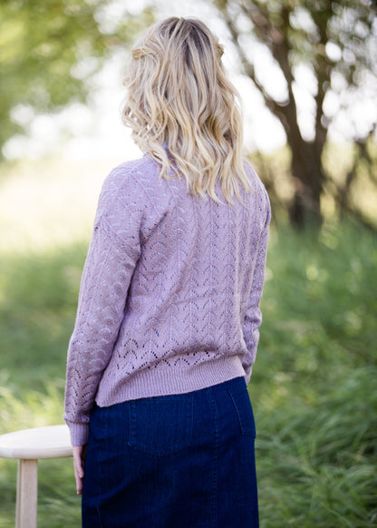 lavender crochet knit long sleeve sweater