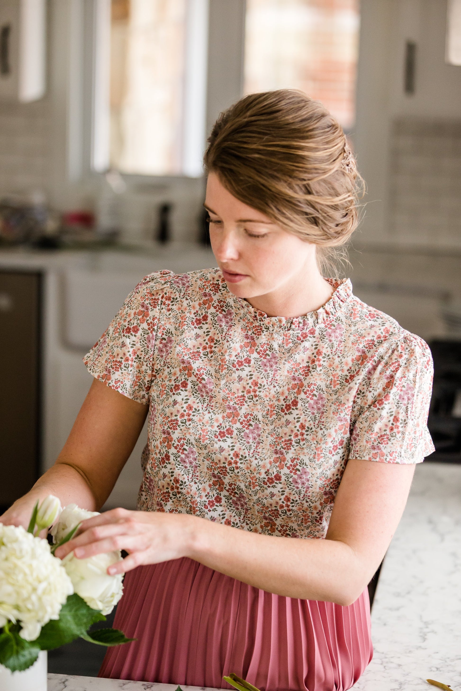 Lightweight Floral Ruffle Neck Blouse Tops