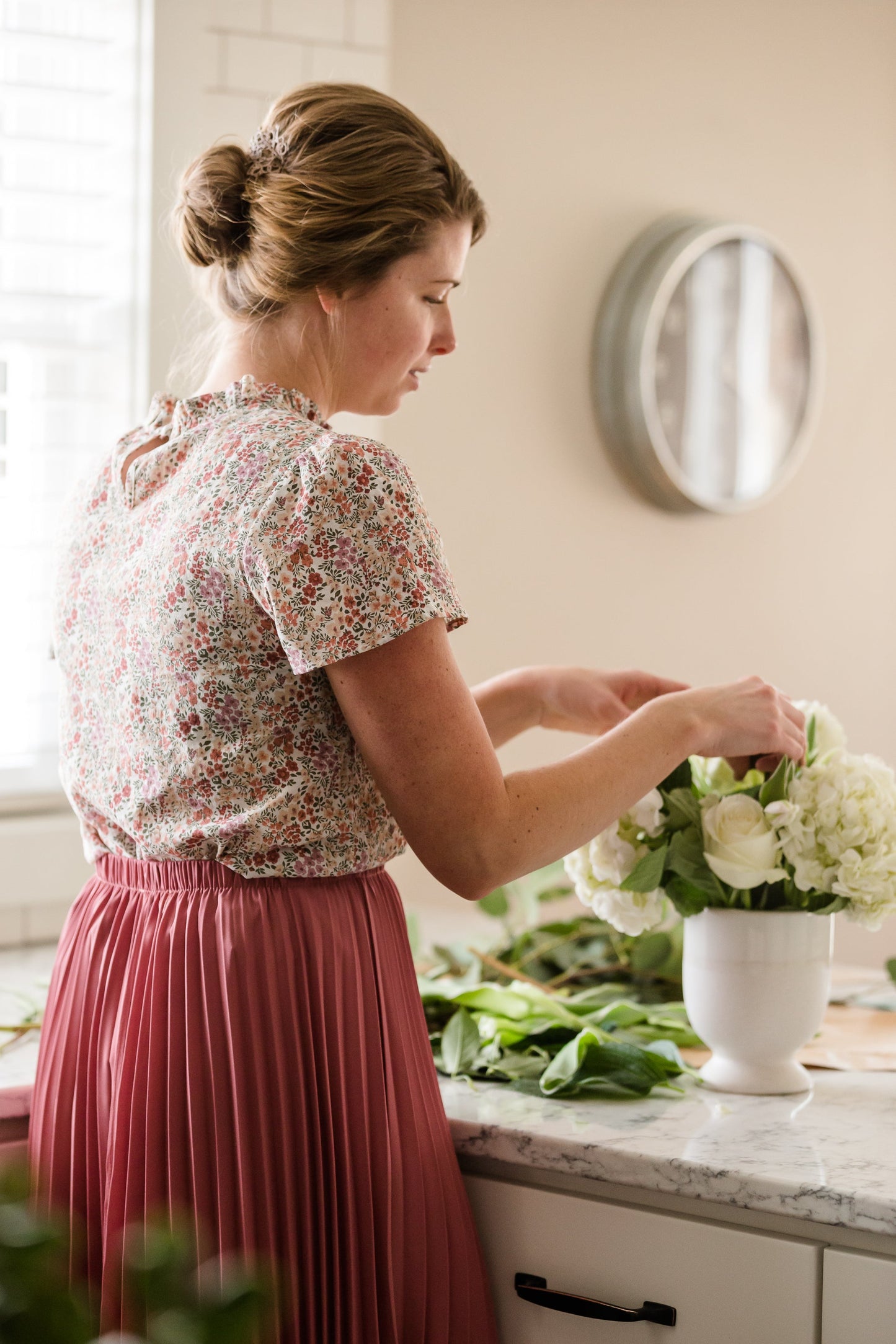 Lightweight Floral Ruffle Neck Blouse Tops