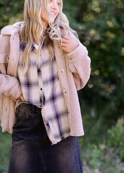 Lilac Button Up Teddy Shacket Tops Hem & Thread